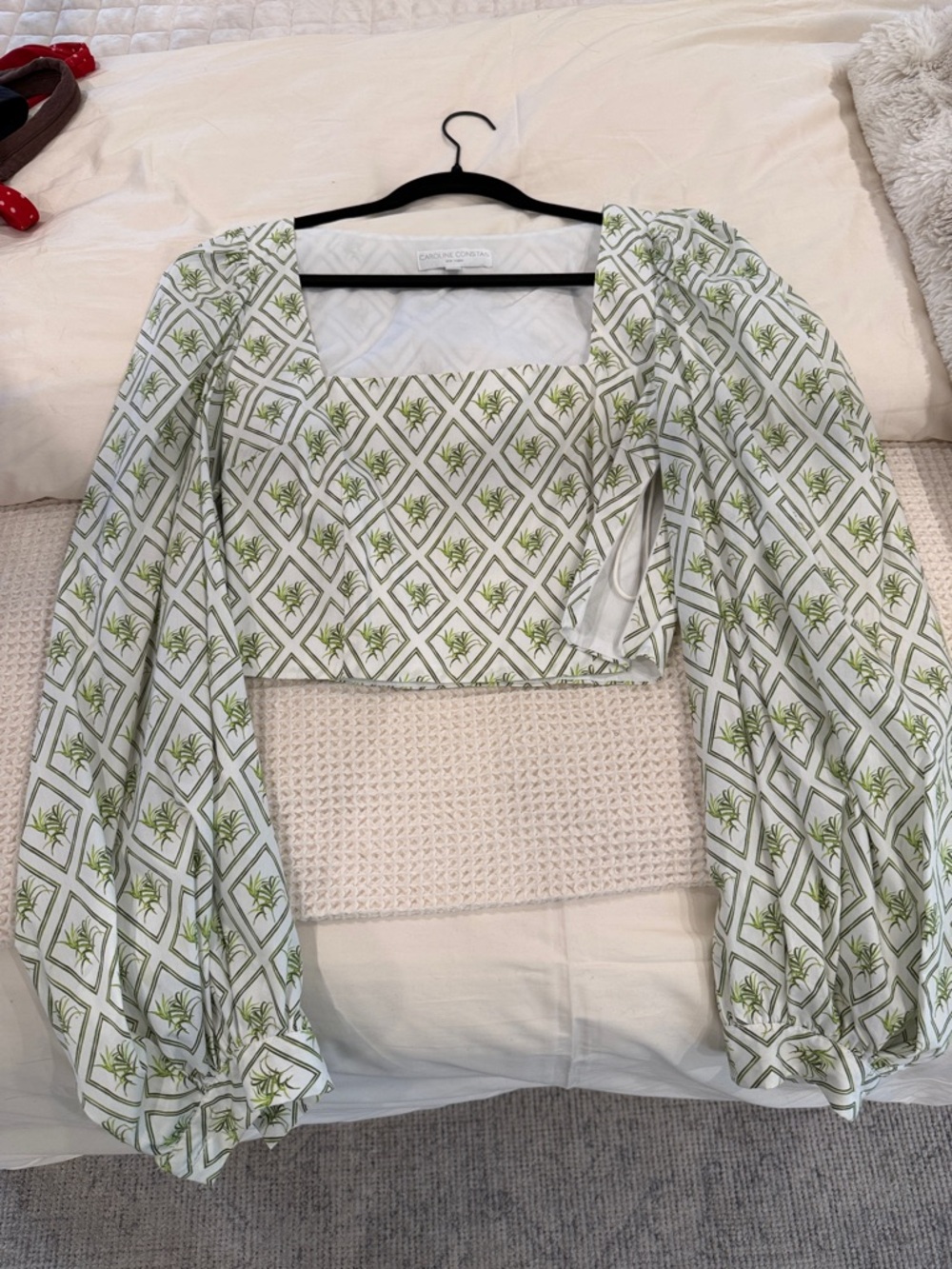 Caroline Constas White and Green Puff-Sleeve Cropped Square-Neck Top